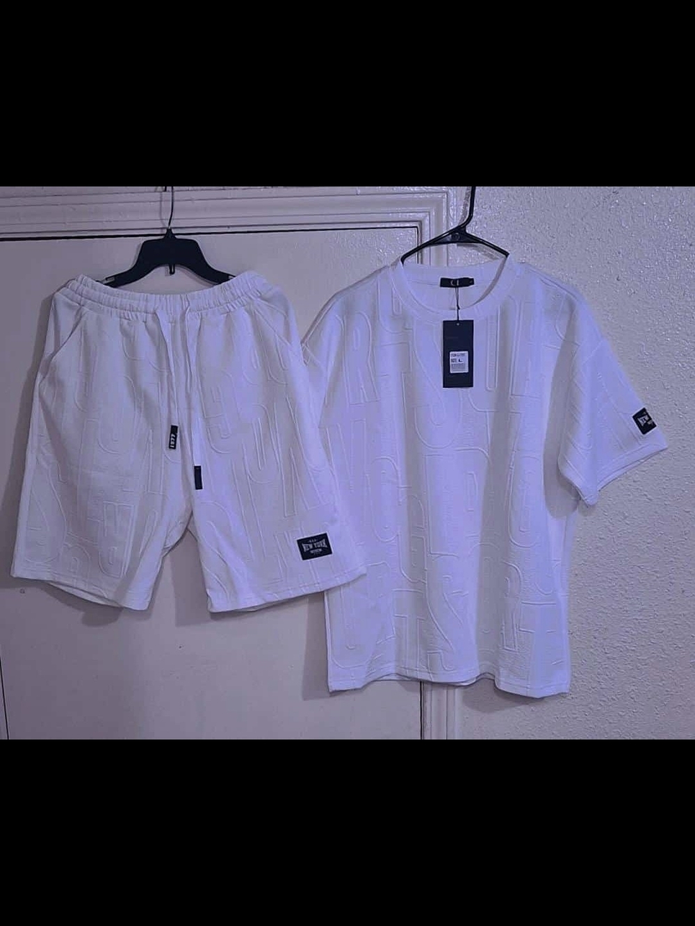 Men's White Athletic Short Set - Textured Crew Tee & Elastic Shorts